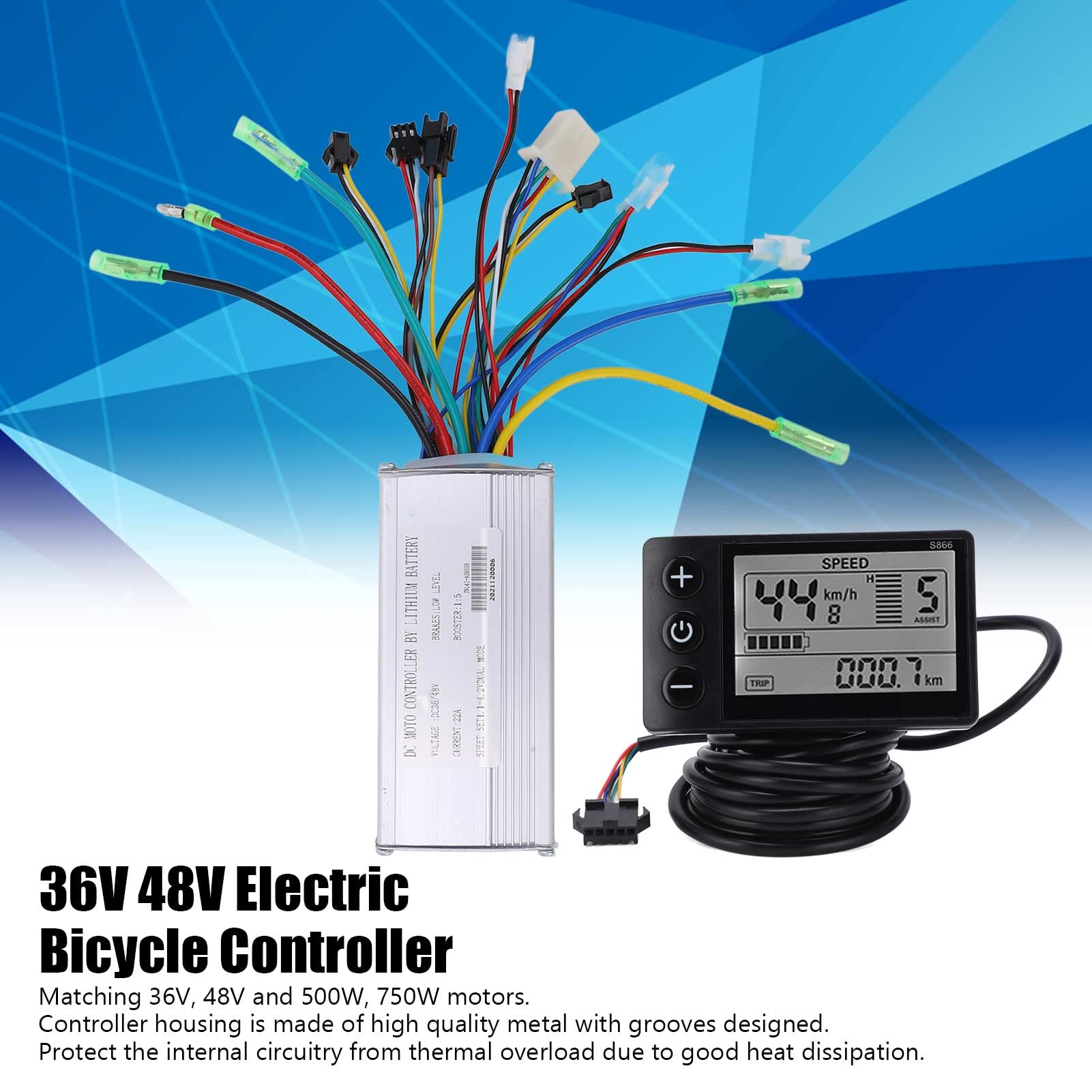Electric Brushless Controller Kit, 36/48V 500/750W Electric Scooter Brushless Controller Kit with LCD 866 Display Meter 22A9 Tube Fits for 22.2mm / 0.9in Handlebars