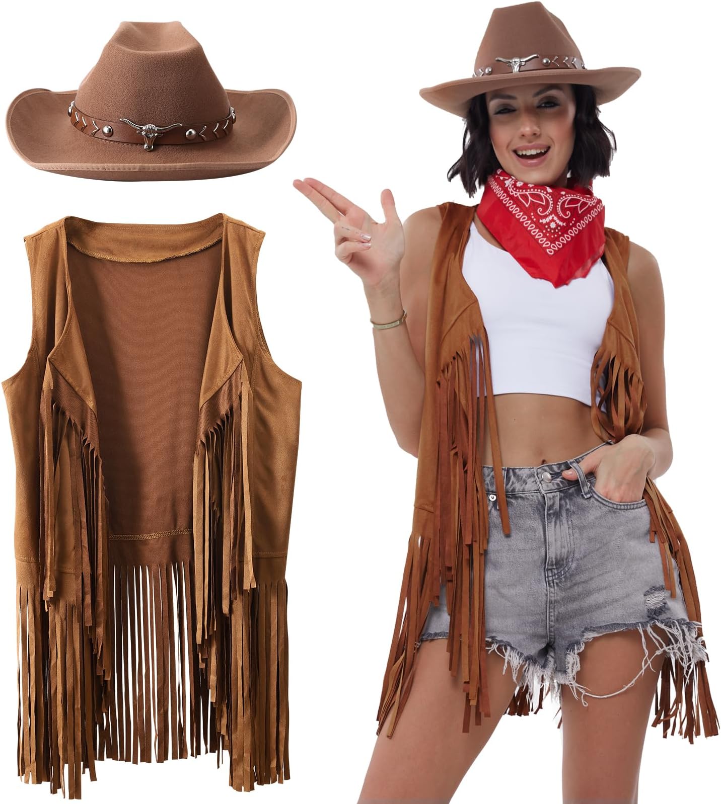 Western Outfits for Women Cowgirl Tassel Sleeveless Vest Cowboy Hat and Paisley Bandana