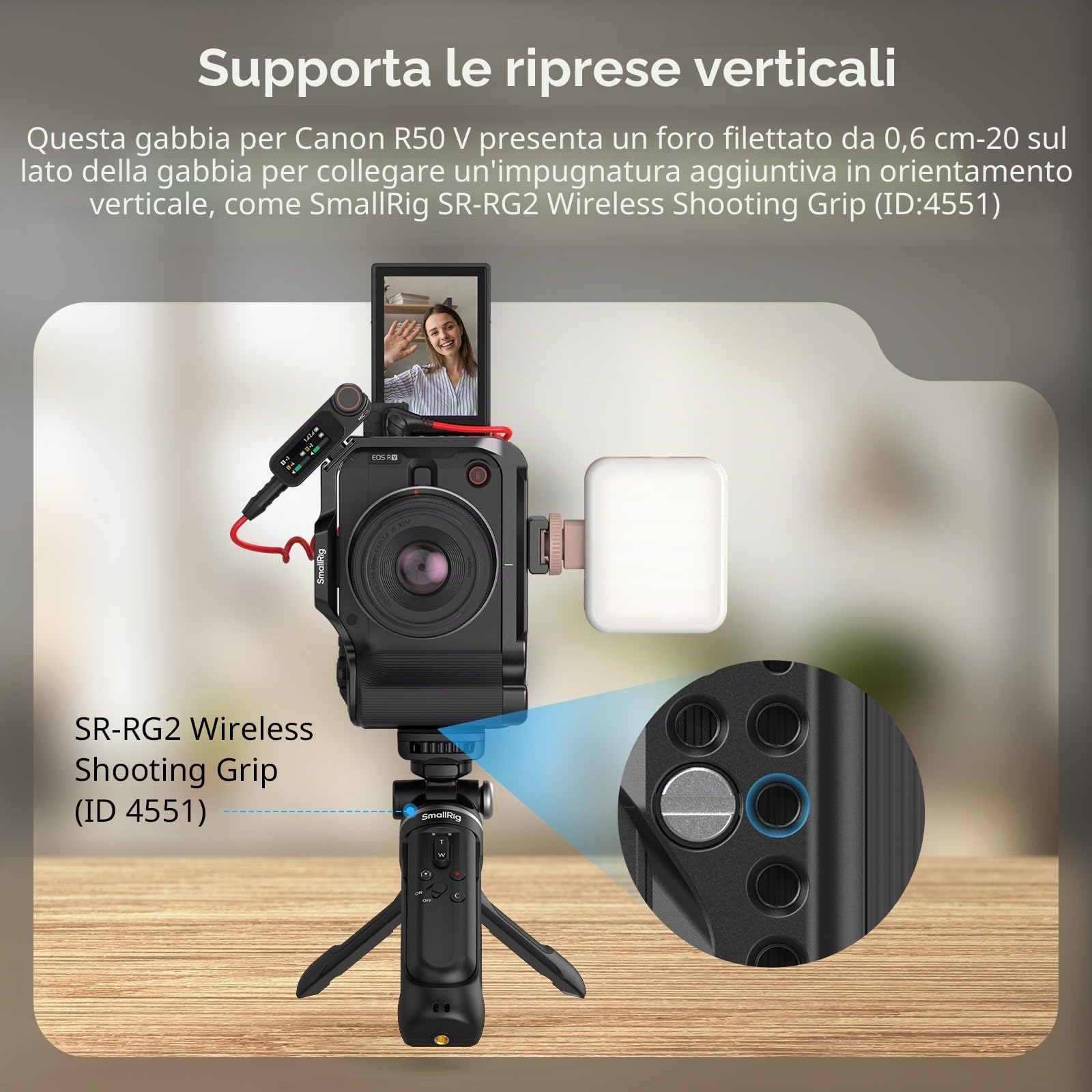SMALLRIG Gabbia per fotocamera R50 V per Canon R50 V, impugnatura ergonomica in silicone, piastra a sgancio rapido per arca, foro filettato da 1/4"-20, fori da 3/8"-16 per ARRI, flash (nero) - 5427