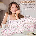 TOPALL Floral Cotton Quilted Makeup Bag, Classic Toiletry Bag with Pink Bow, Cosmetic Pouch for Women & Girls, Stylish Makeup Bag for Daily Use or Travel