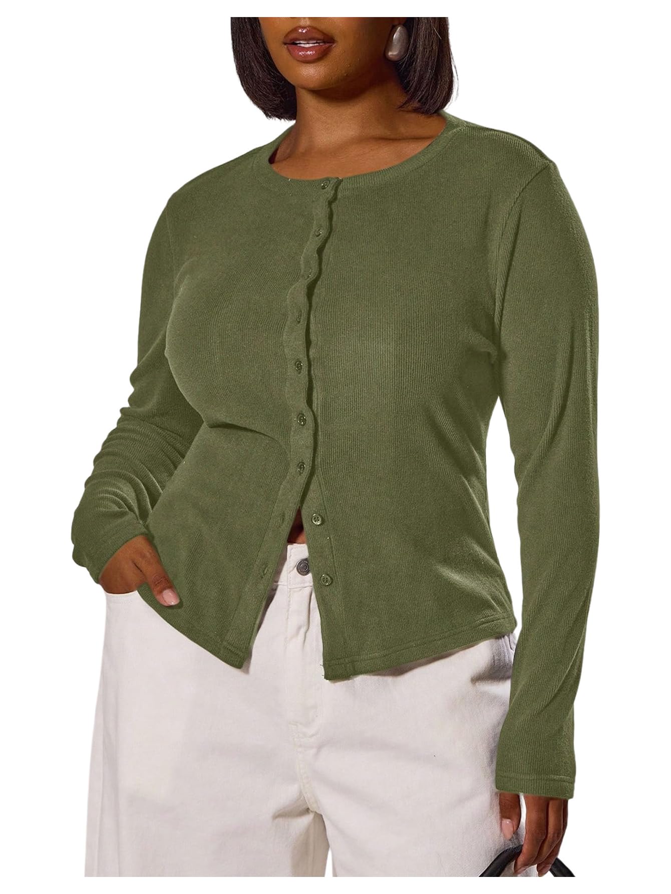 WDIRARA Womens Plus Size Button Up Cardigan Sweaters Long Sleeve Lightweight Knit Outerwear