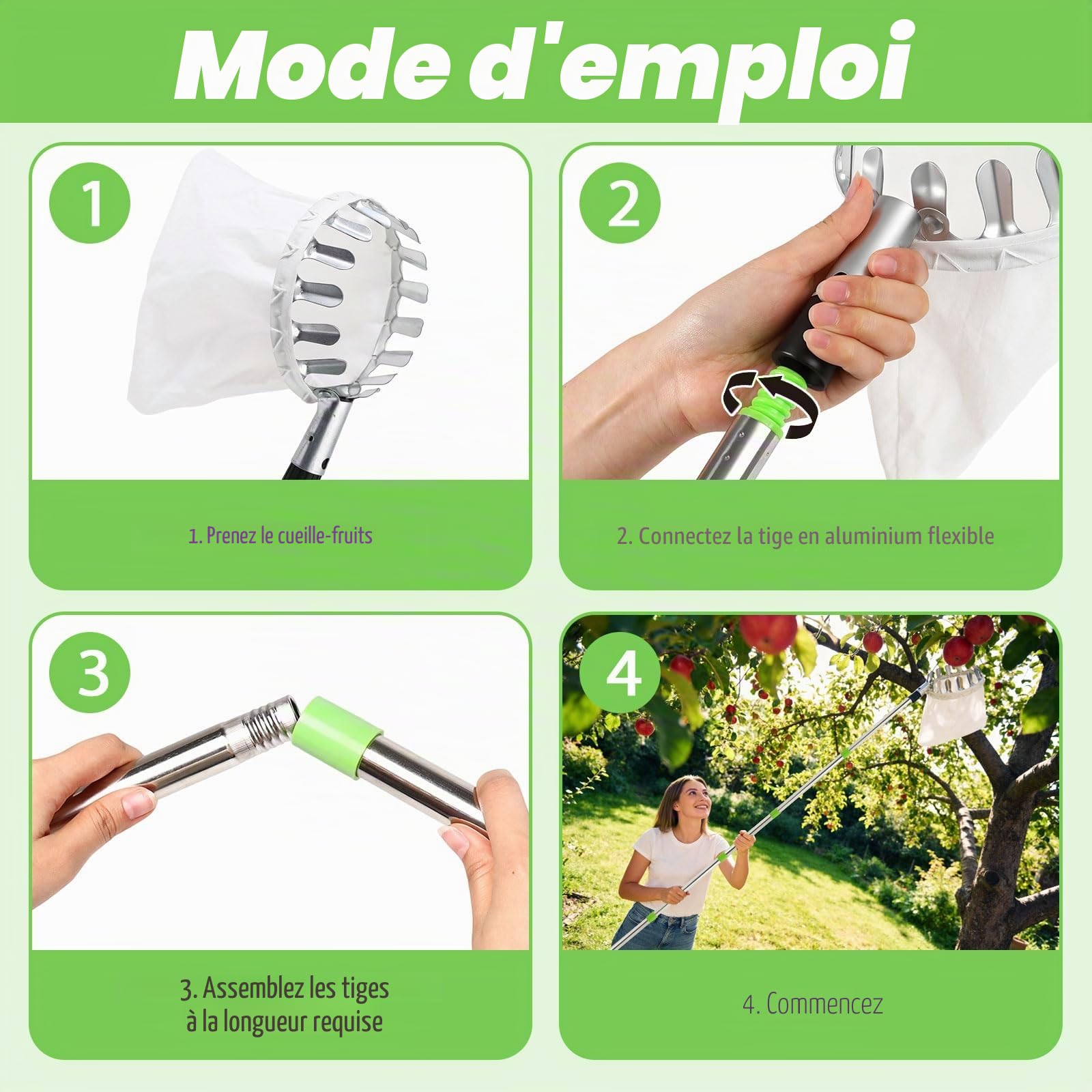 Cueille Fruit Telescopique, 4.2m Cueille Pomme Telescopique Amovible, avec Acier Inoxydable Perche Telescopique et Sacs en Coton, Outil Cueillette Jardin Arbre Poires PêChes