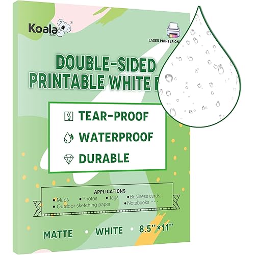 Koala Waterproof Paper for Laser Printer, Tearproof Printer Paper, Matte Double Sided Printable White Film 8.5x11 In 25 Sheets For Printing Backpacking Maps