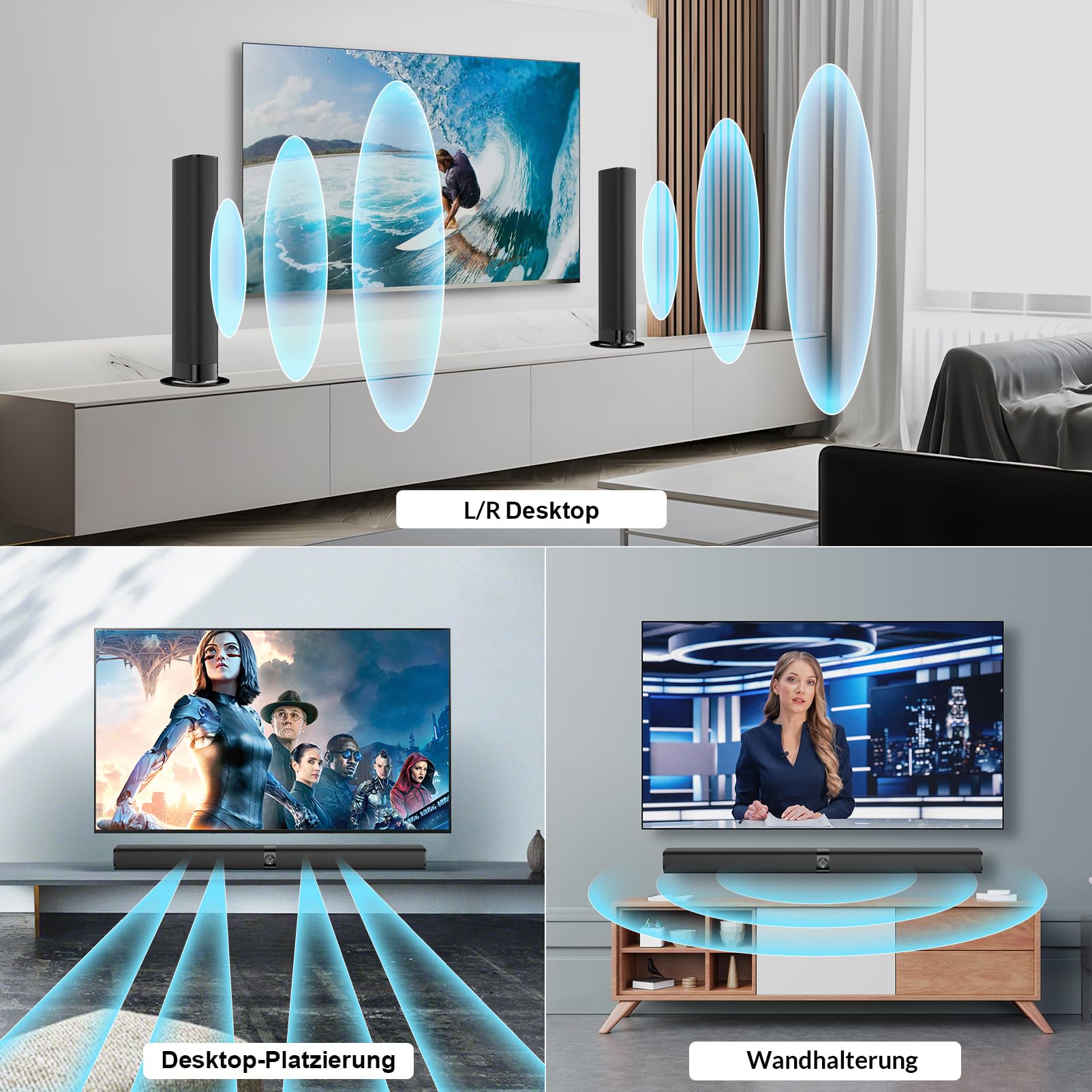 GarageRock Soundbar für TV Geräte, Teilbare 2-in-1 Set of TV Soundbar, Auto-Volume-Boost, 3 Sound Modi, Surround Soundsystem, Bluetooth 5.3, ARC/Opt/Aux, TV Lautsprecher für Fernseher, Monitor, 1pcs