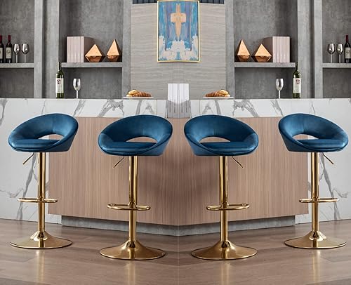 Miniatura 6 de Juego de 2 taburetes de bar giratorios de terciopelo con respaldo abierto, altura de barra ajustable tapizada, taburetes de bar modernos de altura