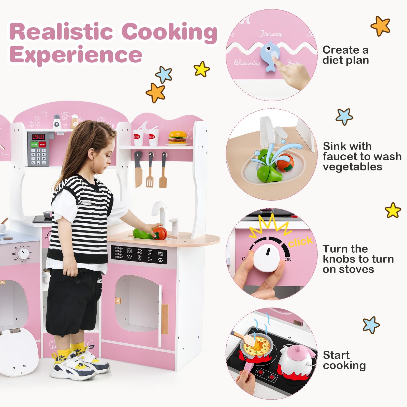 HOMASIS Kinderküche mit Licht & Sound, Spielküche mit 16 Spielzubehör, Küchenset mit Kaffeemaschine Spüle Mikrowelle Ofen Waschmaschine, Spielzeugküche Holz, Eckküche für Kinder ab 3 Jahren (Rosa)