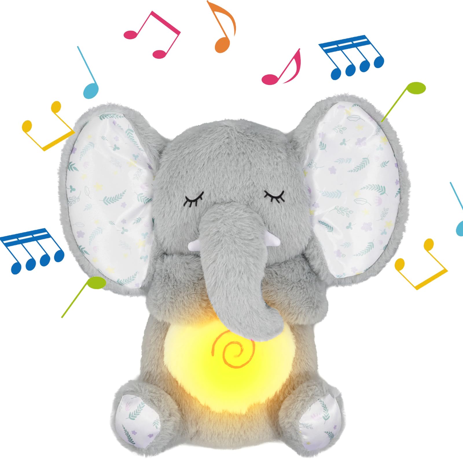 Soothing Breathing Stuffed Animal, Breathing Stuffed Animal Plush with Sensory Details Musical Lights and Rhythmic Breathing Sleep Companion, for Kids Toy (Grey)