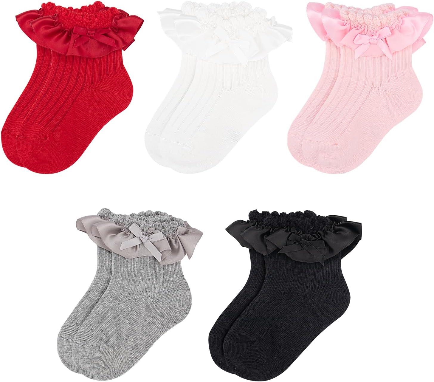 Meeshine 5 Pairs Baby Girls Socks Toddler Ruffle Lace Bow Frilly Dress Cotton Ankle Princess Socks for Kids 1-8T