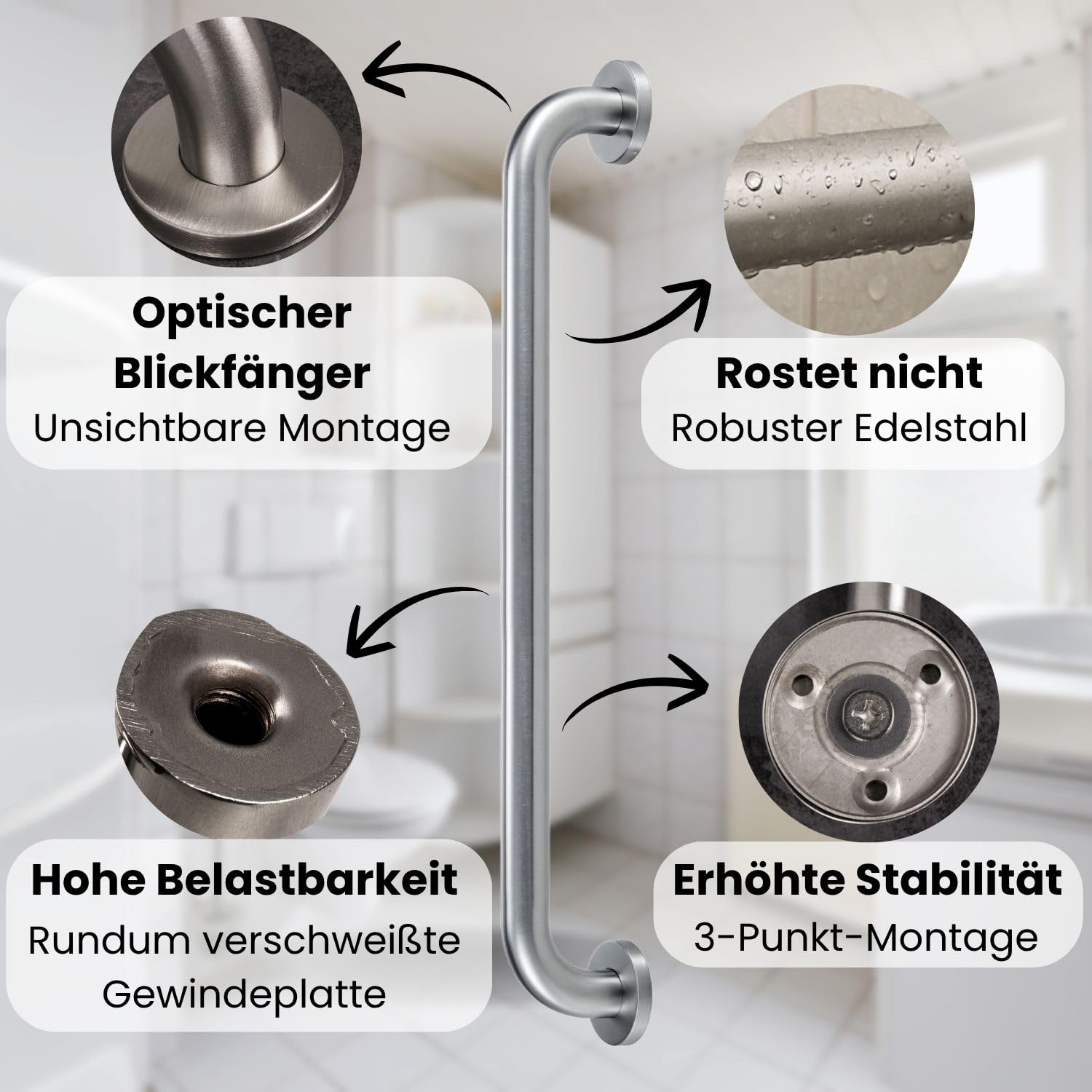 Haltegriff für Senioren EDELSTAHL rostfrei Ø30mm gebürstet 400mm Badewannengriff Wandgriff Duschgriff Handgriff Aufstehhilfe
