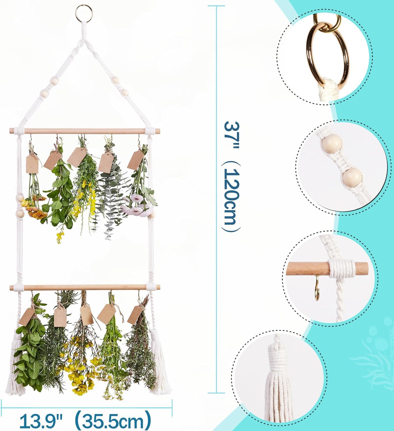 LGEGE 3Tier Herb Drying Rack for Flower Drying Hanging Herb Dryer Rack with 25Pcs Brown Gift Tags and 10m Natural Jute Twine(Herb not included) - Image 2