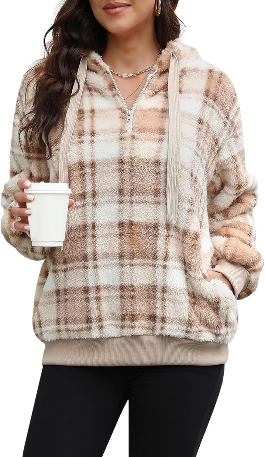 Nirovien Womens Sherpa Pullover Oversized Fuzzy Hoodie Double Fleece Sweatshirts Fluffy Plaid Outerwear Warm Coats - Image 3