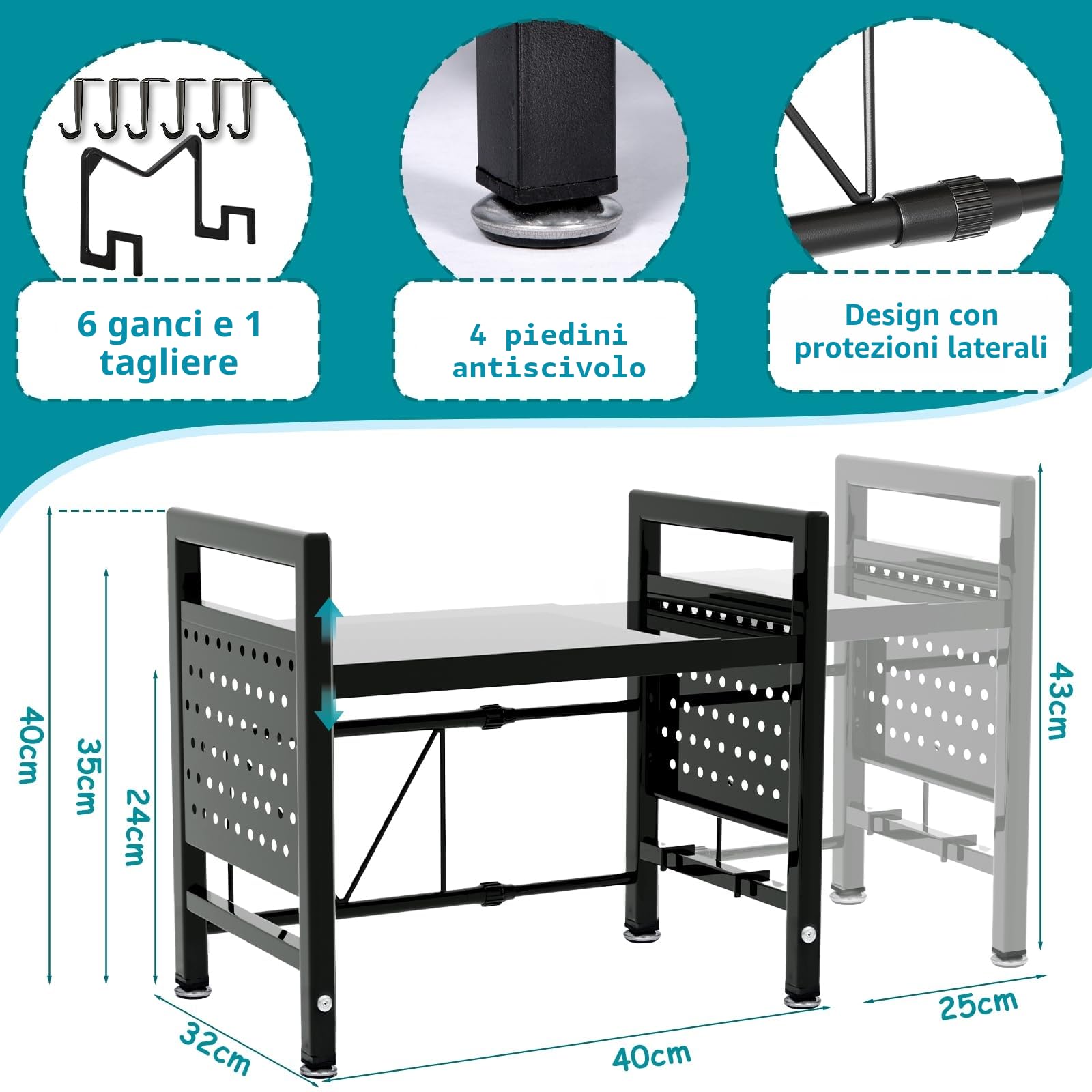 Mensola Microonde Estensibile, Regolabile Due Livelli Microonde Scaffale 40-65cm, Mensola Microonde Salvaspazio, Supporto Microonde con Rastrelliera per Tagliere, 6 Ganci, Istruzioni (Nero)