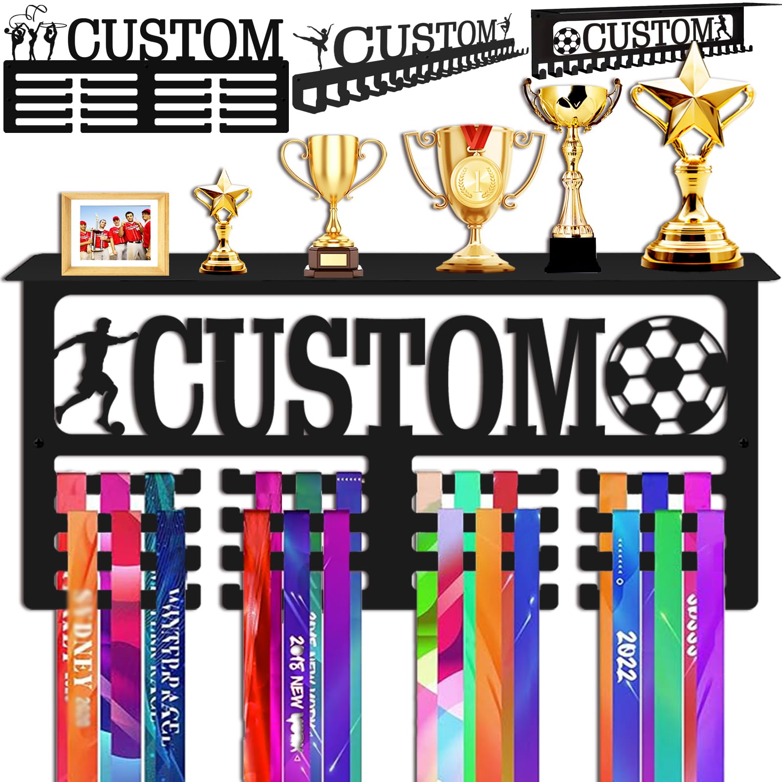 ASSETBAG Personalized Medal Holder with Name Metal Display Rack for Awards Ribbons - Custom Medal Hanger Display Wall Mounted, Customized Sports