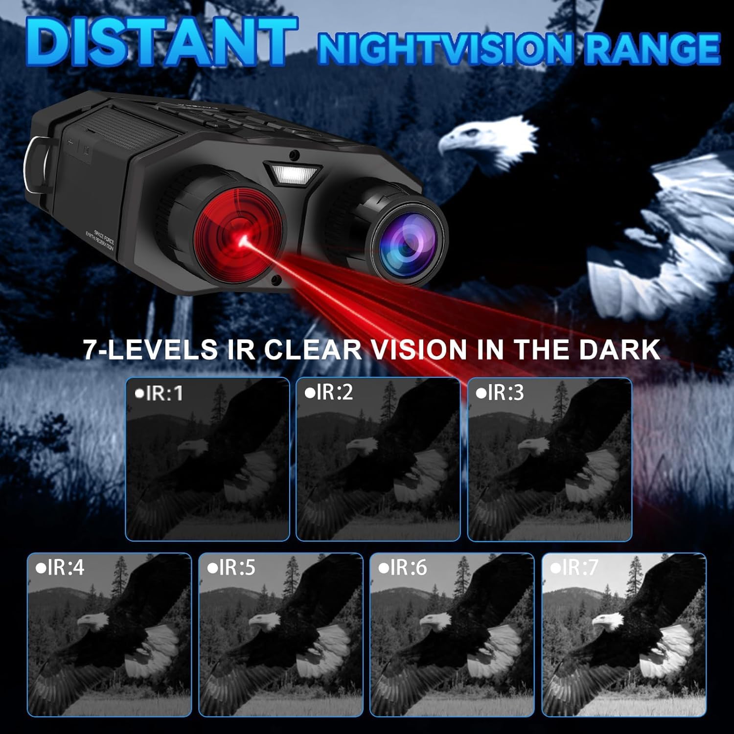 Lunettes de vision nocturne, zoom 8x, IR 7 niveaux, batterie rechargeable de 4000 mAh, écran HD de 3", carte blanche de 32 Go pour enregistrer des photos et des vidéos, 330 m pour la chasse, le
