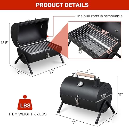 Miniatura 2 de VINGLI Parrilla de carbón portátil con termómetro y mango de madera, multifuncional de metal, compacta, de mesa, barbacoa, parrilla de carbón al