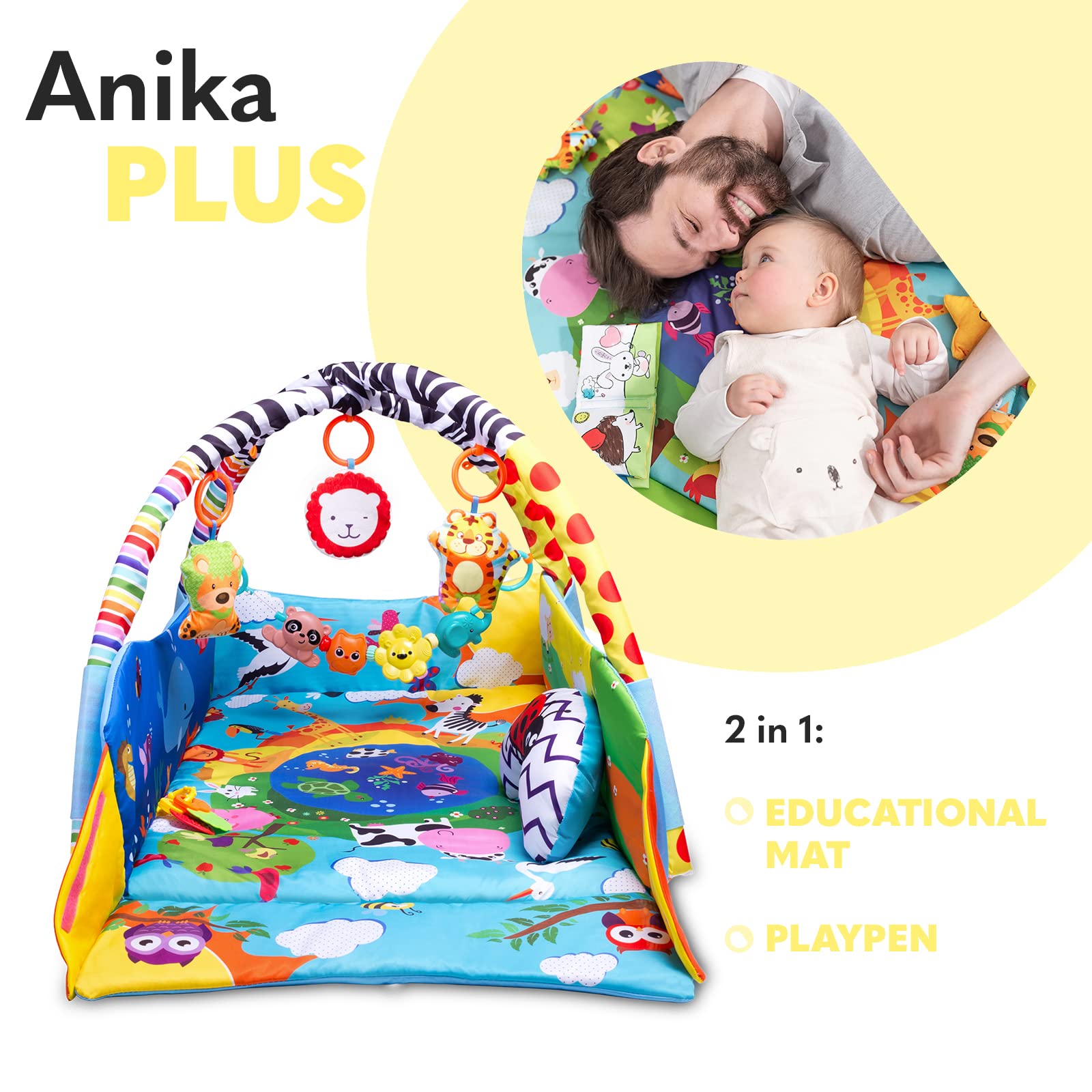 LIONELO Robby Grande reversibile tappetino gioco e educativo 200x180cm per neonati e bambini & Anika 2in1 Palestrina Tappetino da Gioco Box 114cm Cuscino sotto la Pancia Ricco