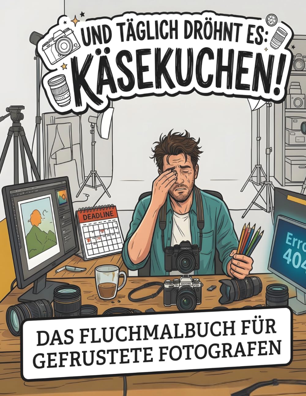 Und täglich dröhnt es: Käsekuchen!: Das Fluchmalbuch für gefrustete Fotografen