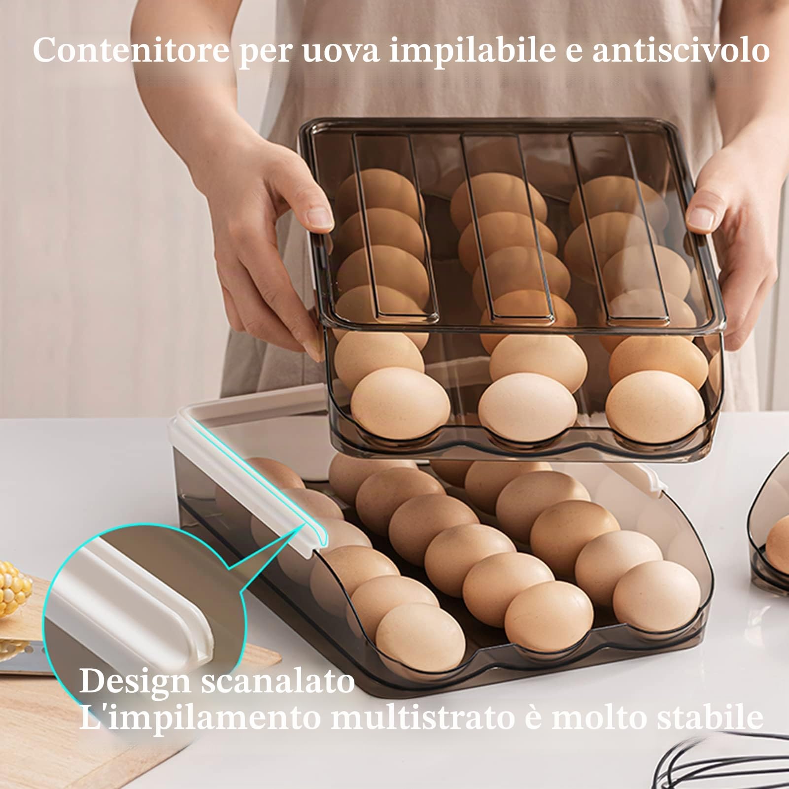 Portauova a scorrimento automatico per frigorifero, in plastica impilabile, riutilizzabile, contenitore per uova trasparente con coperchio, cestino per il trasporto delle uova (3 strati)