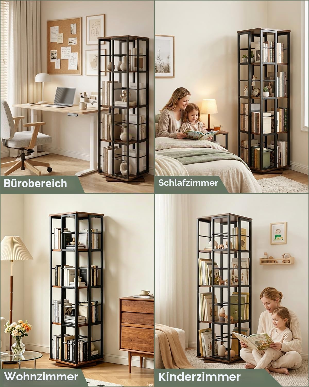 Drehbares Bücherregal 360 Grad, Drehregal Standregal mit 4 Ebenen, Rotating Bookshelf Platzsparend, Bodenstehendes Bücherschrank Holz, Drehregal Bücher für Wohnzimmer, Schlafzimmer, Büro (Schwarz)