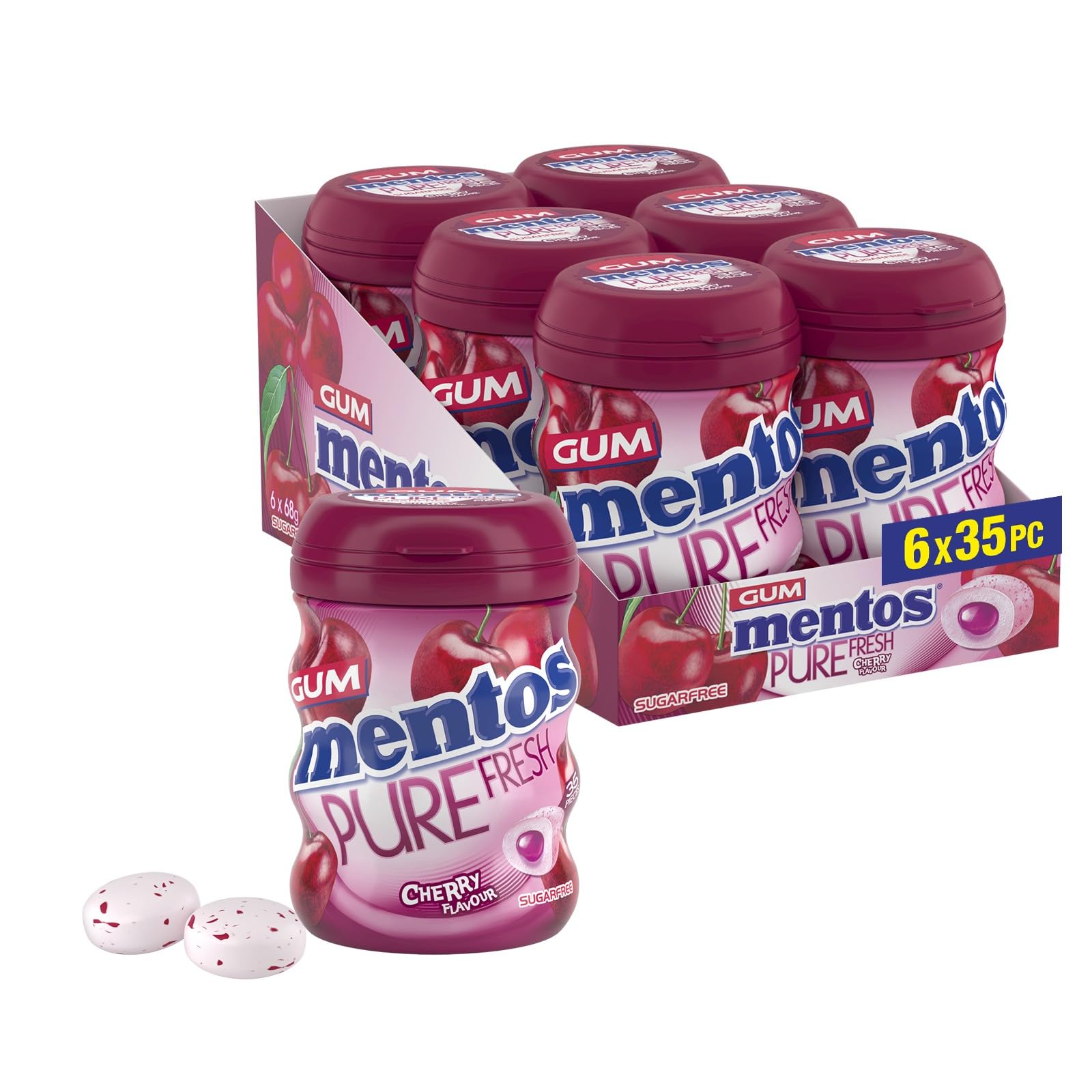 Mentos Pure Fresh Cherry Chewing Gum 35 Pieces – Sugar-Free, Bursting with Cherry Flavor, Refreshing, On-the-Go, with Xylitol, 90 g (Pack of 6)