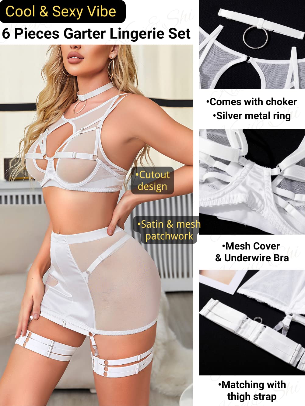 Kaei&Shi Garter Lingerie for Women, Strappy High Waisted Skirt G String 4 Piece Sexy Exotic Lingerie Outfits Set Boudoir