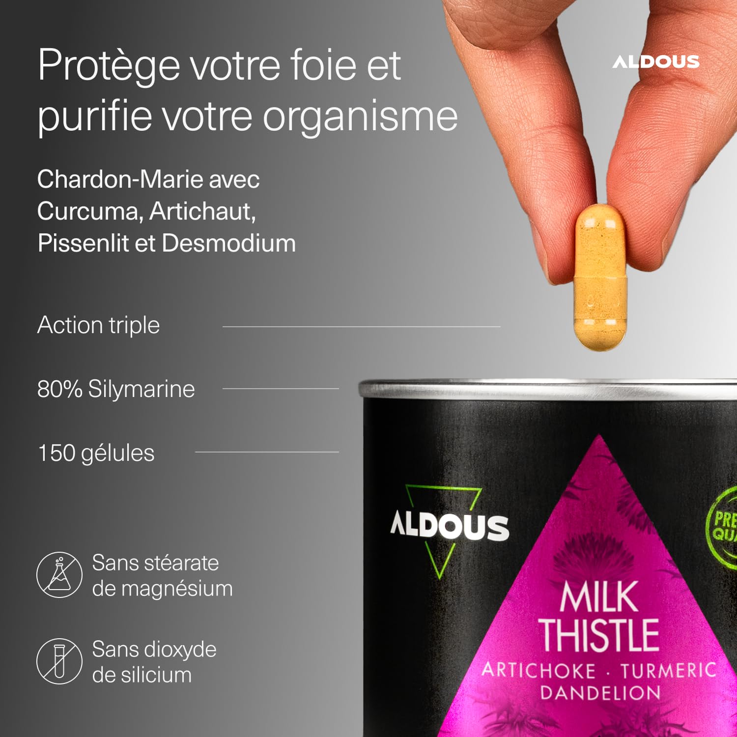 Chardon Marie avec Curcuma, Artichaut Pissenlit et Desmodium - 150 Gélules - 80% Silymarine - Hautement Concentré Extrait de Chardon Marie - Détox Foie, Digestion Difficile et Ballonnements - ALDOUS