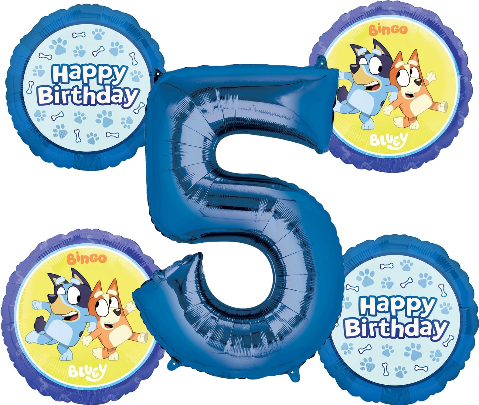 Anagram Bluey 5th Birthday Party Supplies 5pc Foil Balloon Bouquet