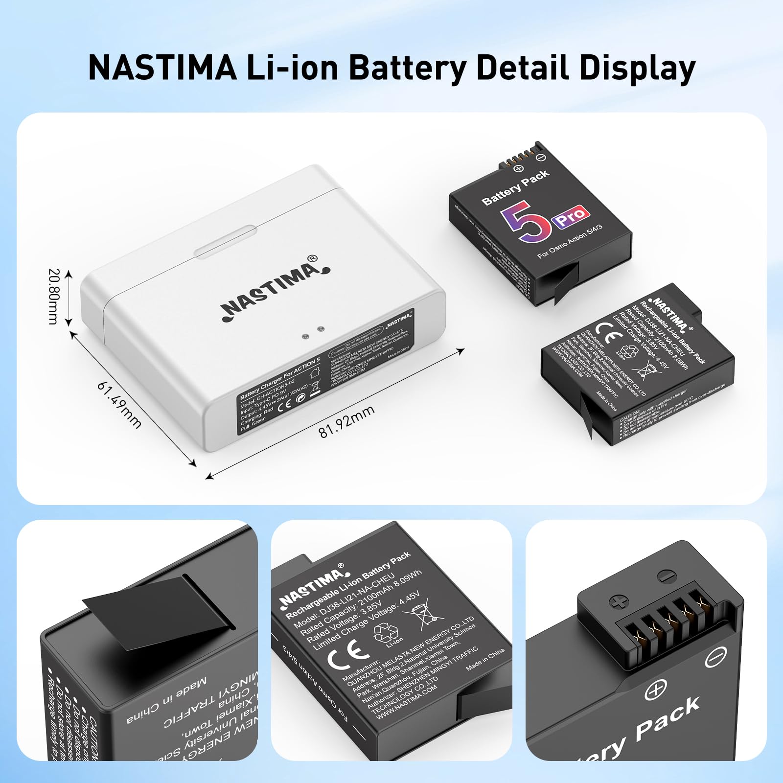 NASTIMA 2100mAh Batería 2-Unidades para dji Osmo Action 5 Pro/4/3, USB Dual | Li-ion Batería de Reemplazo, Carcasa de carga rápida PD, Cable de carga USB-C de dos canales, BMS integrado, larga vida útil