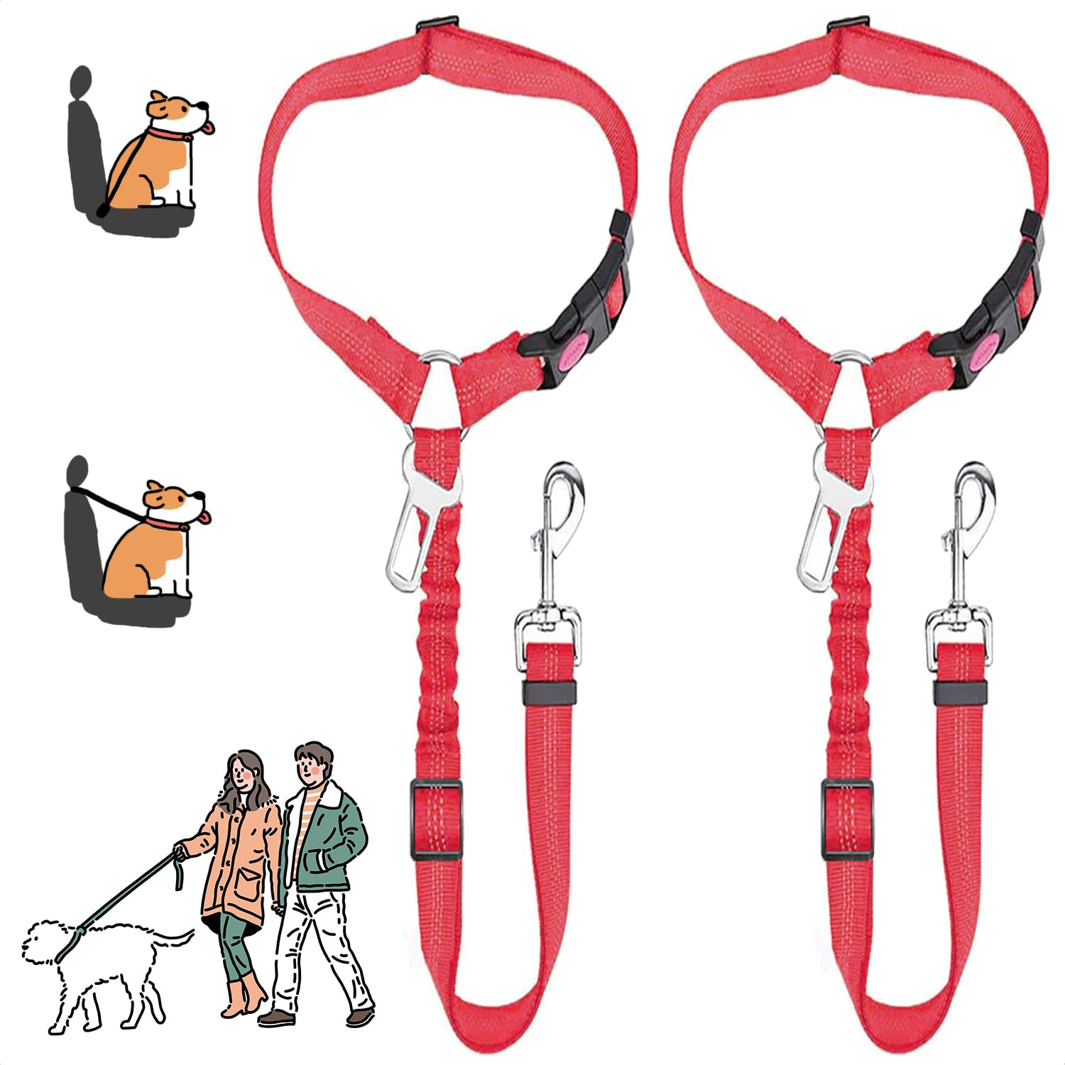 MOLHEM 2 Pack Pet Dogs Seat Belt for Car Adjustable Safety Elastic Lead Harness for Cars Anti Shock Elasticated Cushioned Leash (Red)