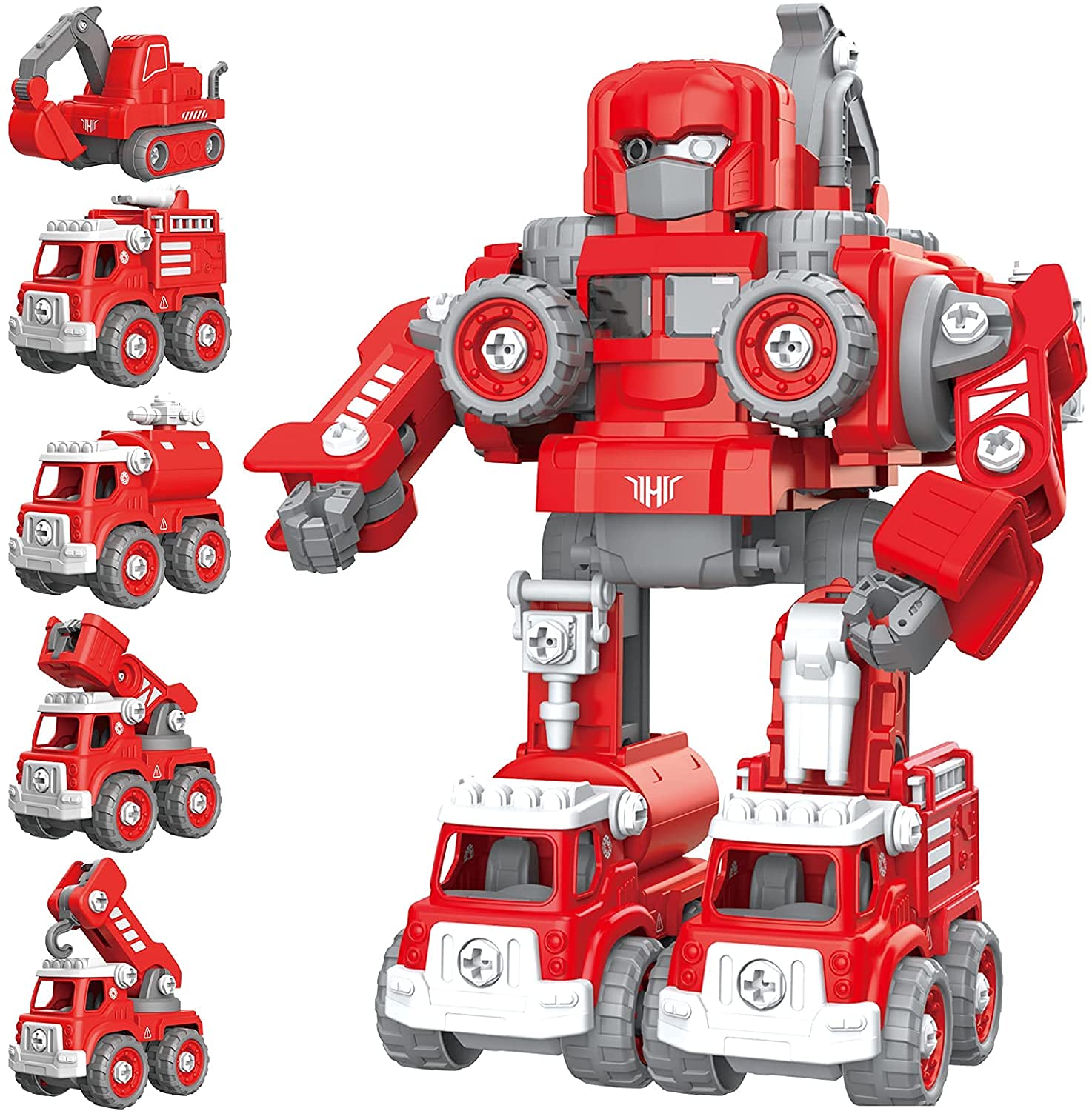 Toys for 3 4 5 6 7 Year Old Boys Cars Kids , Fire Truck Toy Take Apart Robot Transformer Toys Set 5 