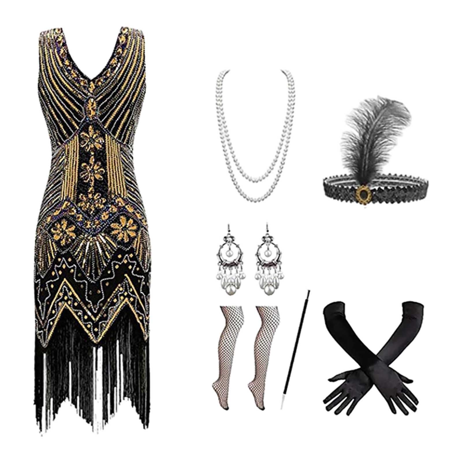 Halloween Costume Female 1920S Gowns Dresses Heavy Beaded Sequins Fringe Dresses Fancy Dress Costumes Women's with 20s Dress Accessories Carnival Costume Women (Gold, L)