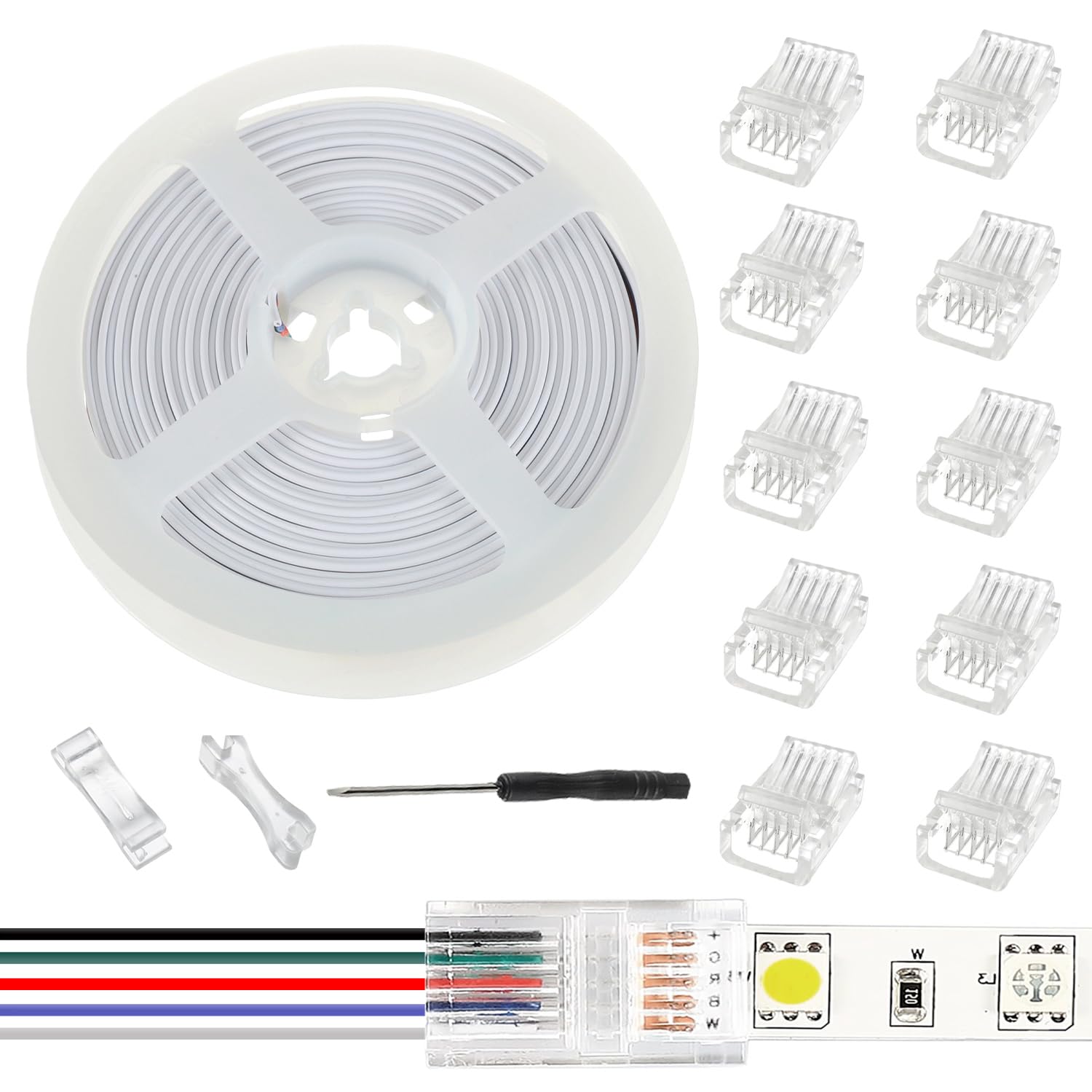 JAMHER 10 Pack LED Strip Connector RGB Lights Adapter Lighting Pin Connectors Clear Unwired Gapless Track Lighting Connector with 5M/16.4ft Cable(5 PIN 10 MM)