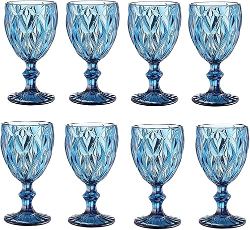 Juego de 8 copas de cristal vintage, vasos de agua en relieve de 8 onzas, vasos únicos para bodas y celebraciones (juego de 8)