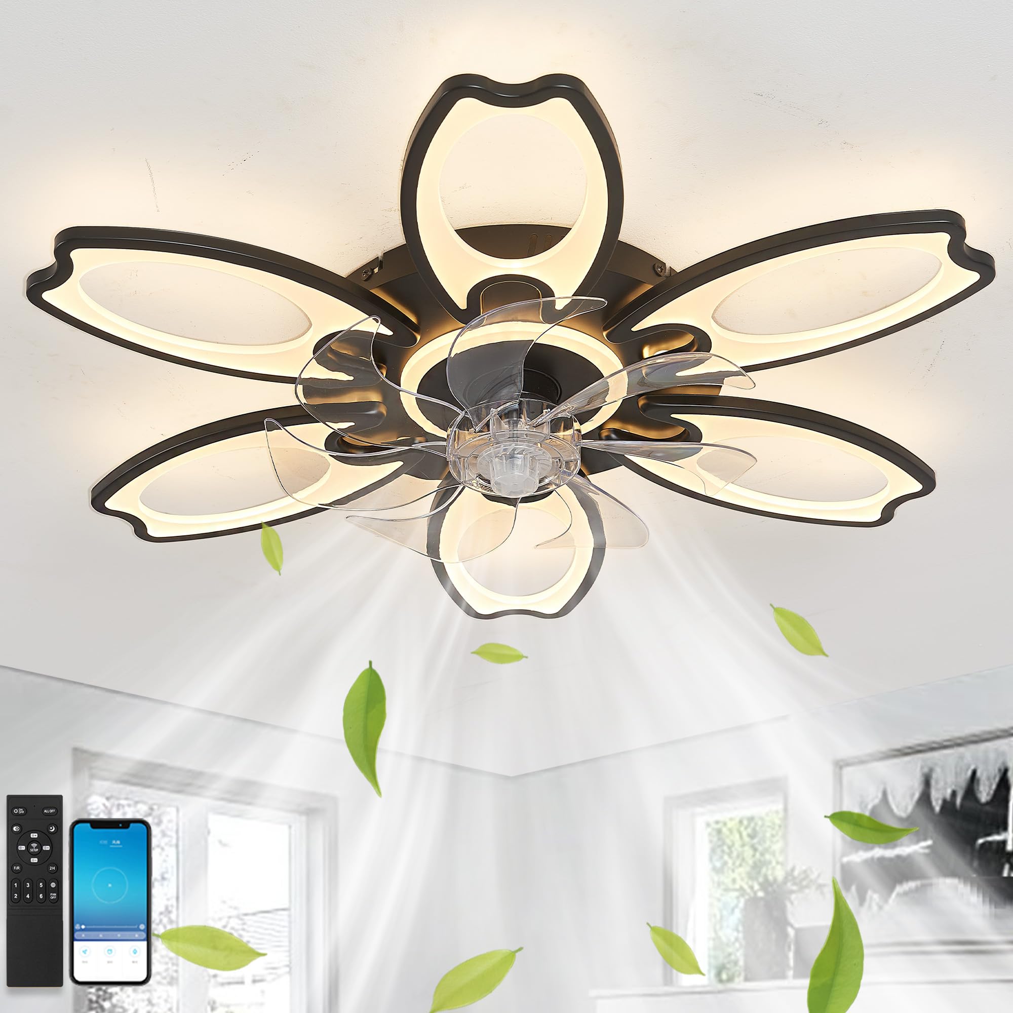 SXDMOUBK 118W Ceiling Fan Light with Remote,Quiet Timer Flower Fan Lights Ceiling for Bedroom Dimmable,Memory,Black Fan Light Modern,6-Speed Reversible for Living Rooms Children's Room