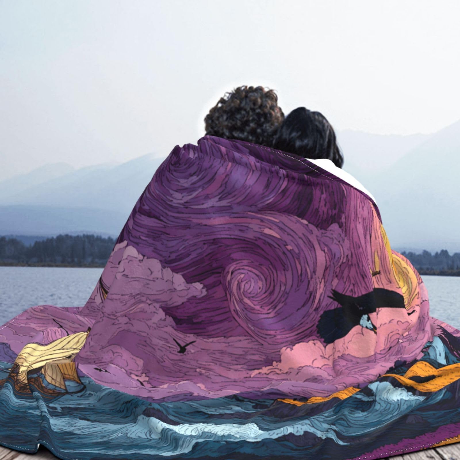 Manta de viaje portátil de 80 x 60 pulgadas, suave, resistente a las arrugas, plegable, exquisita pintura al óleo, estampado de cielo morado