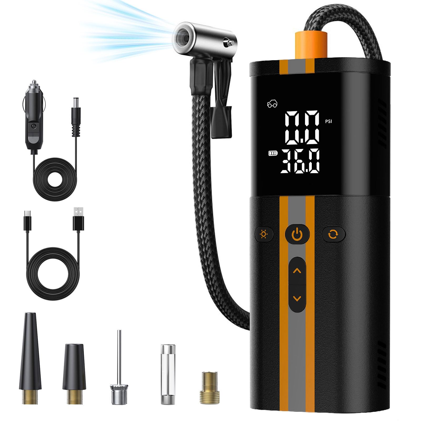 TowerTop Elektrische Fahrradpumpe, 12V DC 150PSI Doppelstrom Luftpumpe Elektrisch, 6000mAh Fahrradpumpe, 2X schneller Aufpumpvorgang, 4 voreingestellte Modi, digitaler Manometer, Speicherfunktion, LED