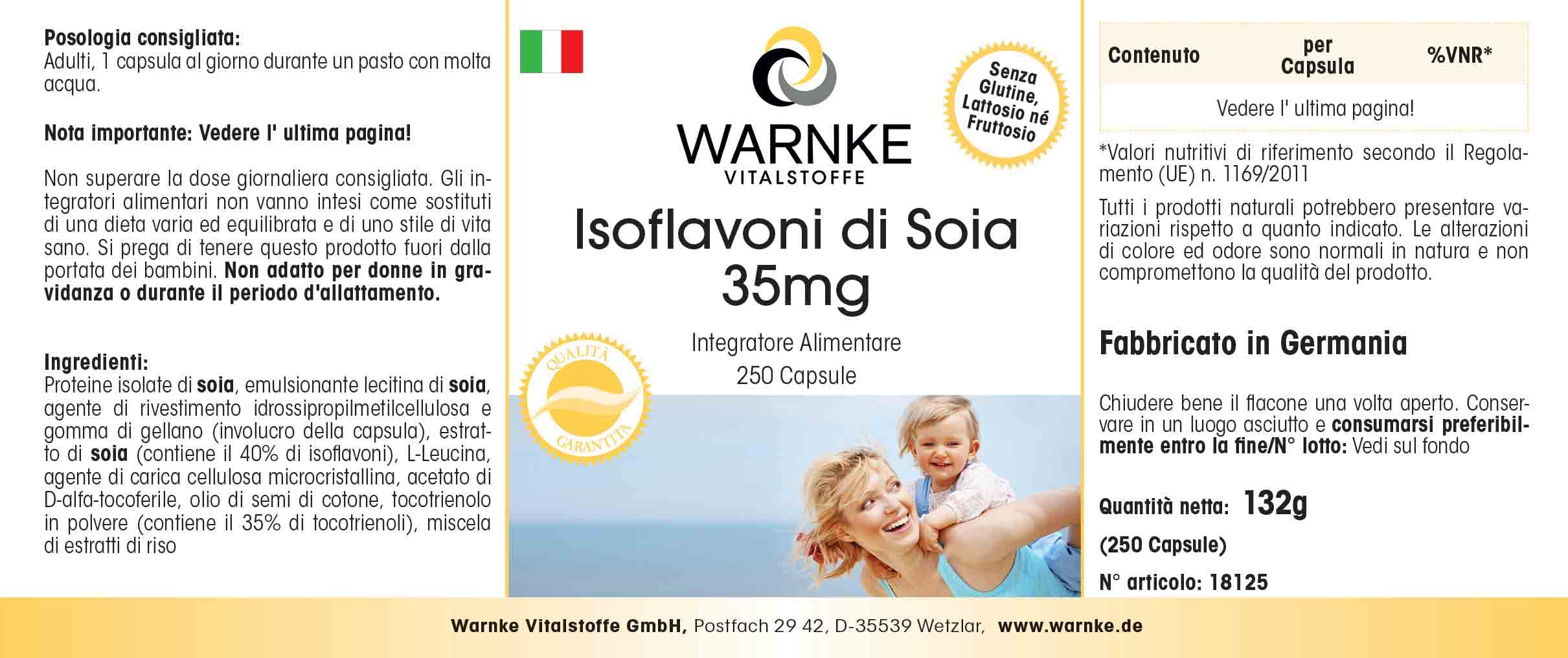 Isoflavoni di soia 35mg - Per la menopausa - 250 Capsule - Con vitamina E | Warnke Vitalstoffe - Qualità da farmacia tedesca