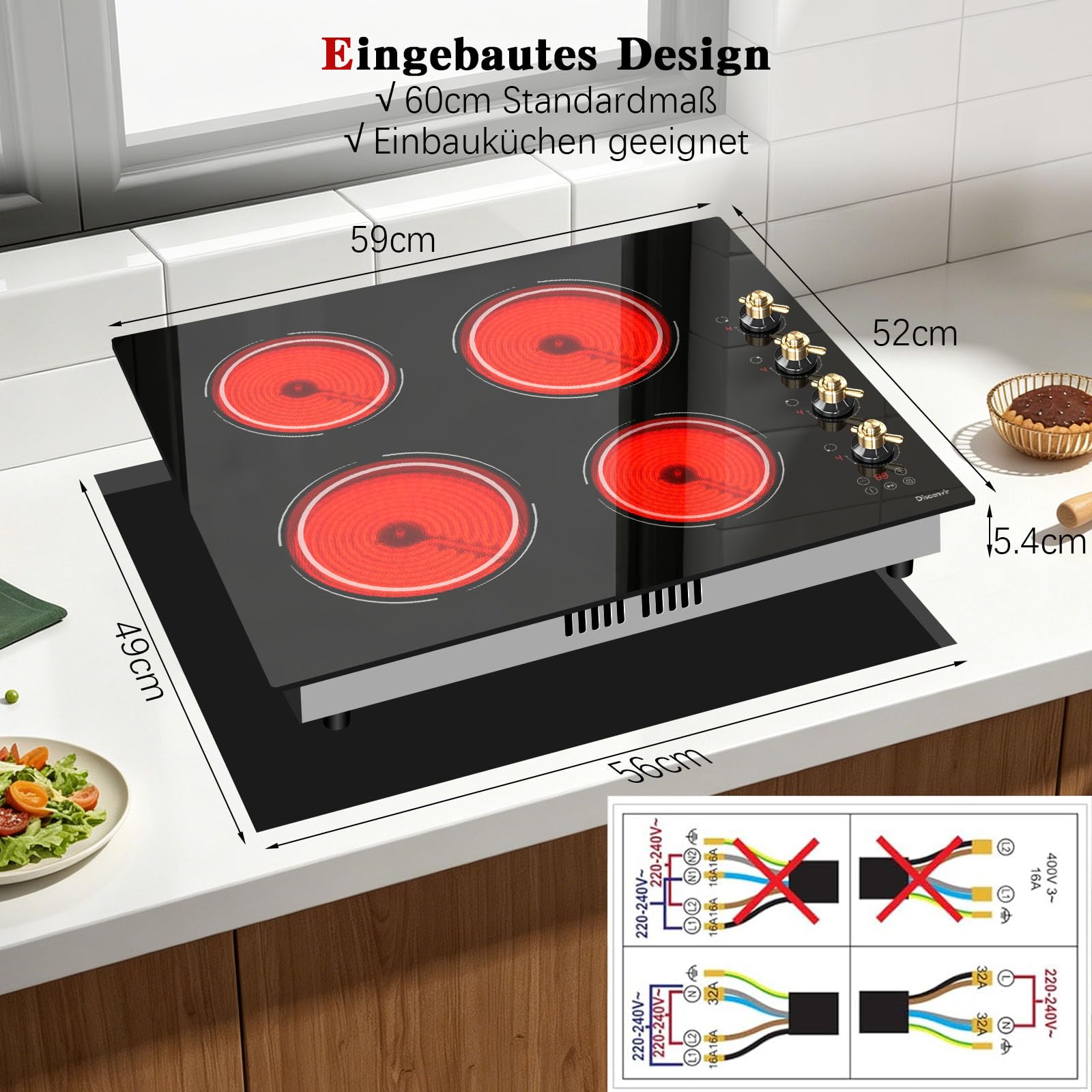 Kochfeld 4 Platten mit Drehknopf, Einbau Herdplatte 4 Kochfelder | Timer, Kindersicherung, 9 Leistungsstufen, 60 cm, 6000W