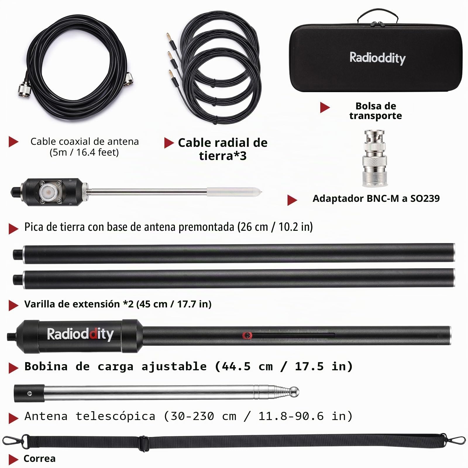 Radioddity HF-009 Antena HF portátil, antena vertical de ajuste rápido de 5-50 MHz, SWR 1.0-1.5, compatible con Xiegu G90/X6100/X6200, Radioddity QT40/QT60/QT80, para transceptores HF y radios móviles