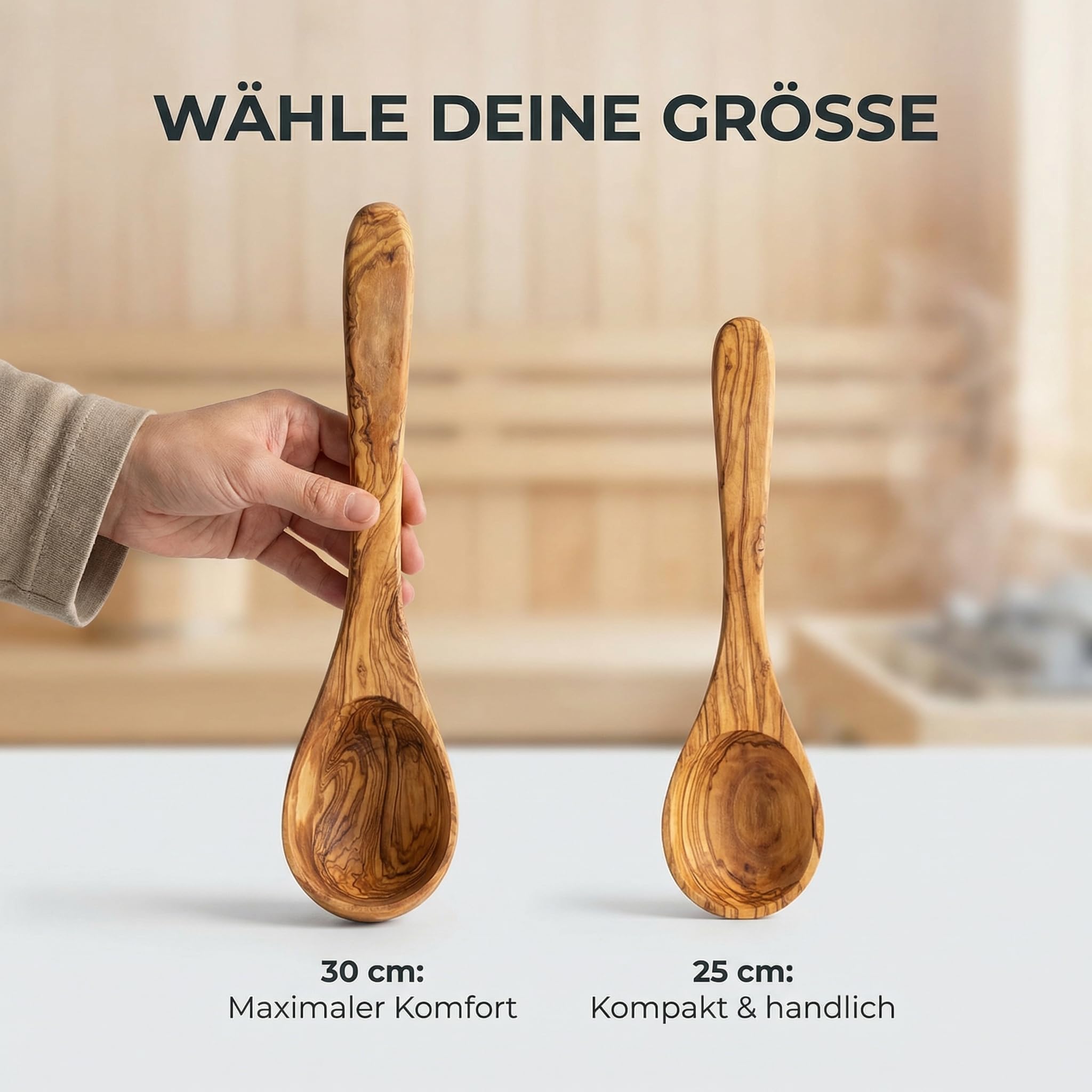 Saunakelle aus Olivenholz mit Gravur - Personalisierbare Aufgusskelle langlebig & hitzebeständig - Sauna Zubehör Saunalöffel Geschenkidee (Mit Gravur, 30 cm)