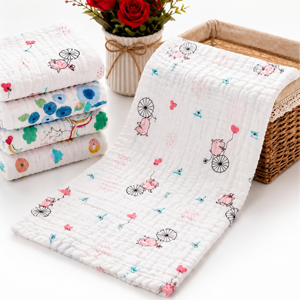 Muslin 6 Layer 100% Organic Bamboo Cotton Face Towels for Newborn Baby Extra Soft Hankies Reusable Napkins for Infants Toddlers/Kids Random Print (Pack of 5 Big Napkin 50x25 CM)-image-44