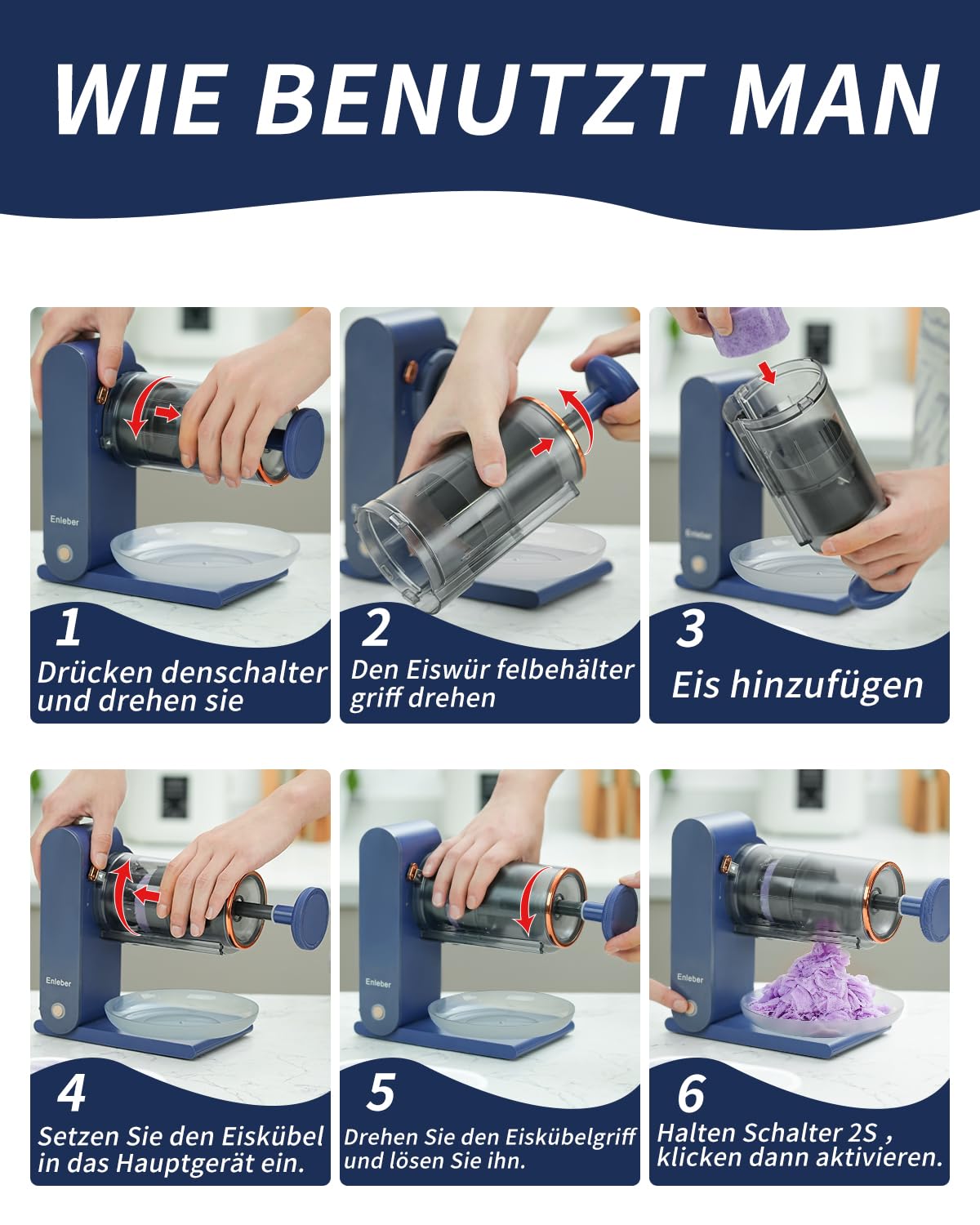 Enleber Slushy Maker Slush EIS Maschine Rasiereis-Maschine Edelstahlklinge Silikoneisfolien Schneeeis-Maschine dunkelblau