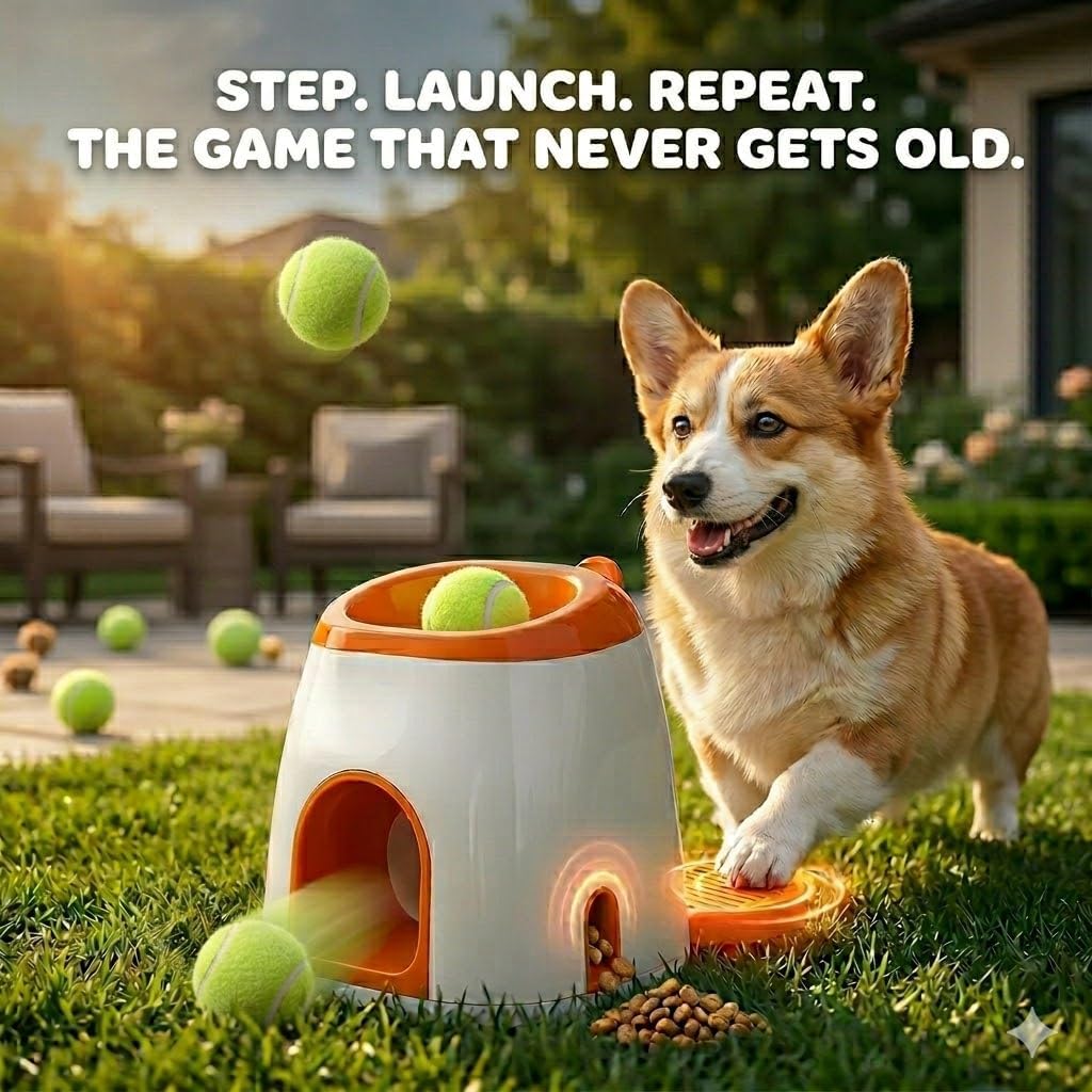 2-in-1 Dog Tennis Ball Launcher & Treat Dispenser, Dog Ball Thrower – Interactive Fetch Toy, Interactive Spring-Loaded Fetch Toy with Snack Storage for Small to Medium Dogs (Orange)