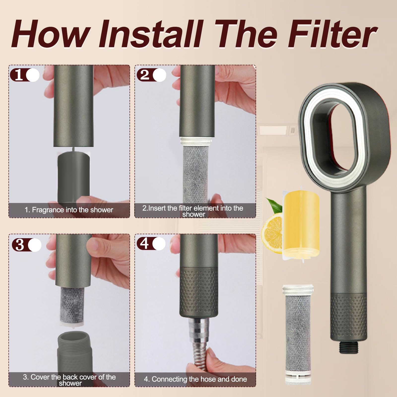 Filtersonic - Cabezal de ducha 3 en 1 con filtros, alta presión, filtro contra la cal, aumento de presión, filtro de cabezal de ducha con esponja para eliminar el agua dura, metal pesado (gris)