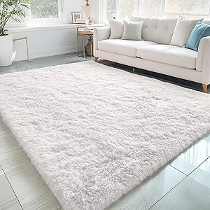 OLANLY 5x7 Machine Washable Large Area Rugs for Living Room, Bedroom, Soft Fluffy Shaggy Bedside Rug, Indoor Floor Carpet for Kids Girls and Boys, Dorms, Nursery, Home Decor Aesthetic, White