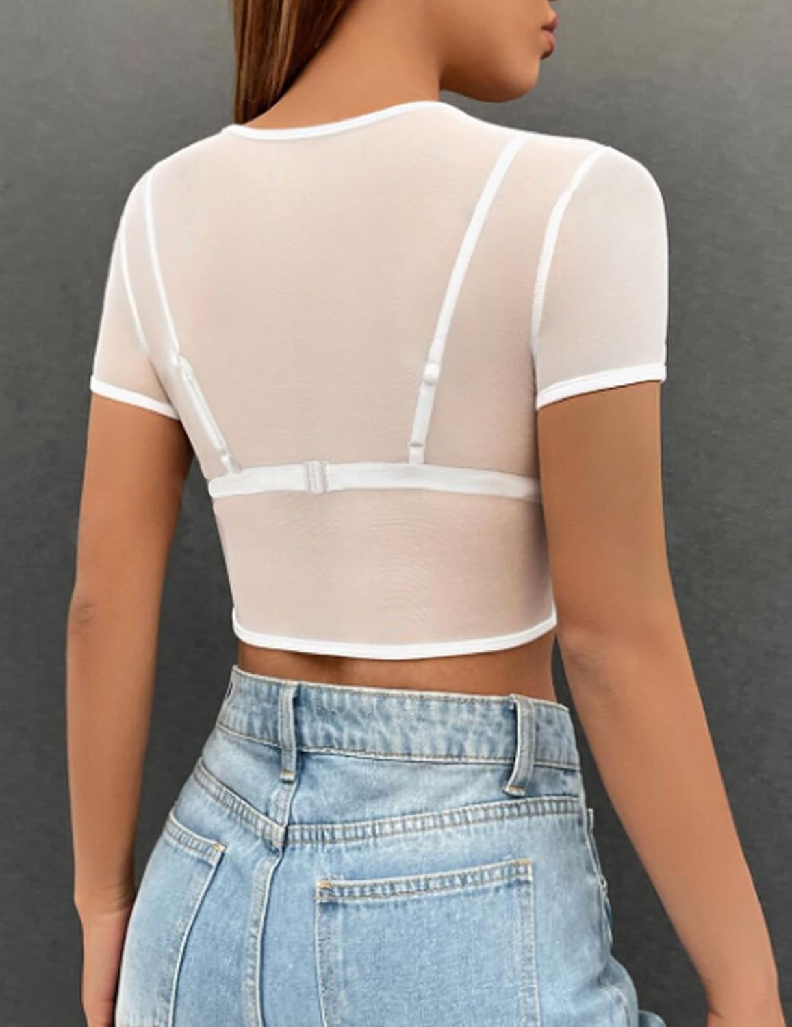 ADOME Mesh Top Mesh Crop Top Plus Sheer Cropped Shirt Black Crop Short Sleeve S-XXL - Image 3