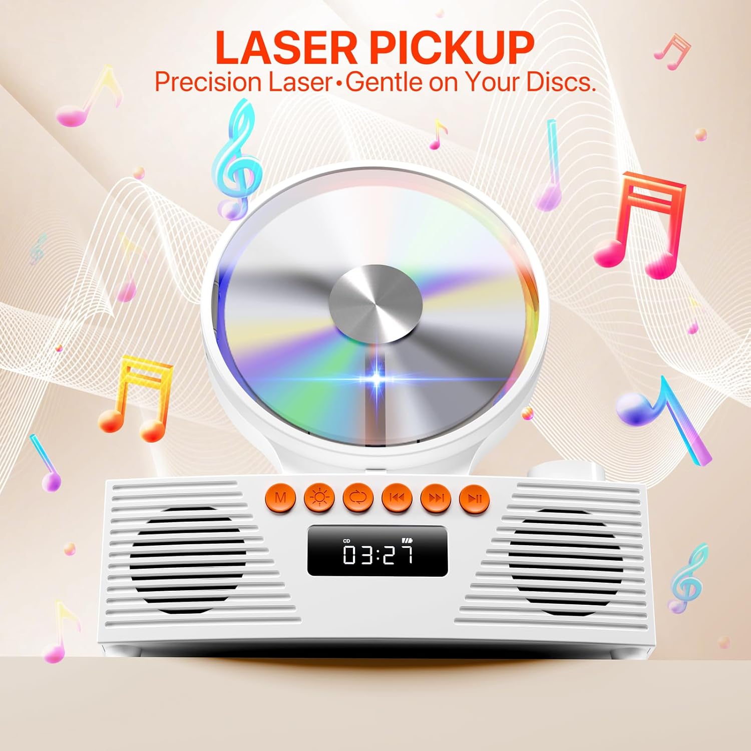 ROADOM KC-607 CD Player with sound waves emanating from speakers and showing RGB light options