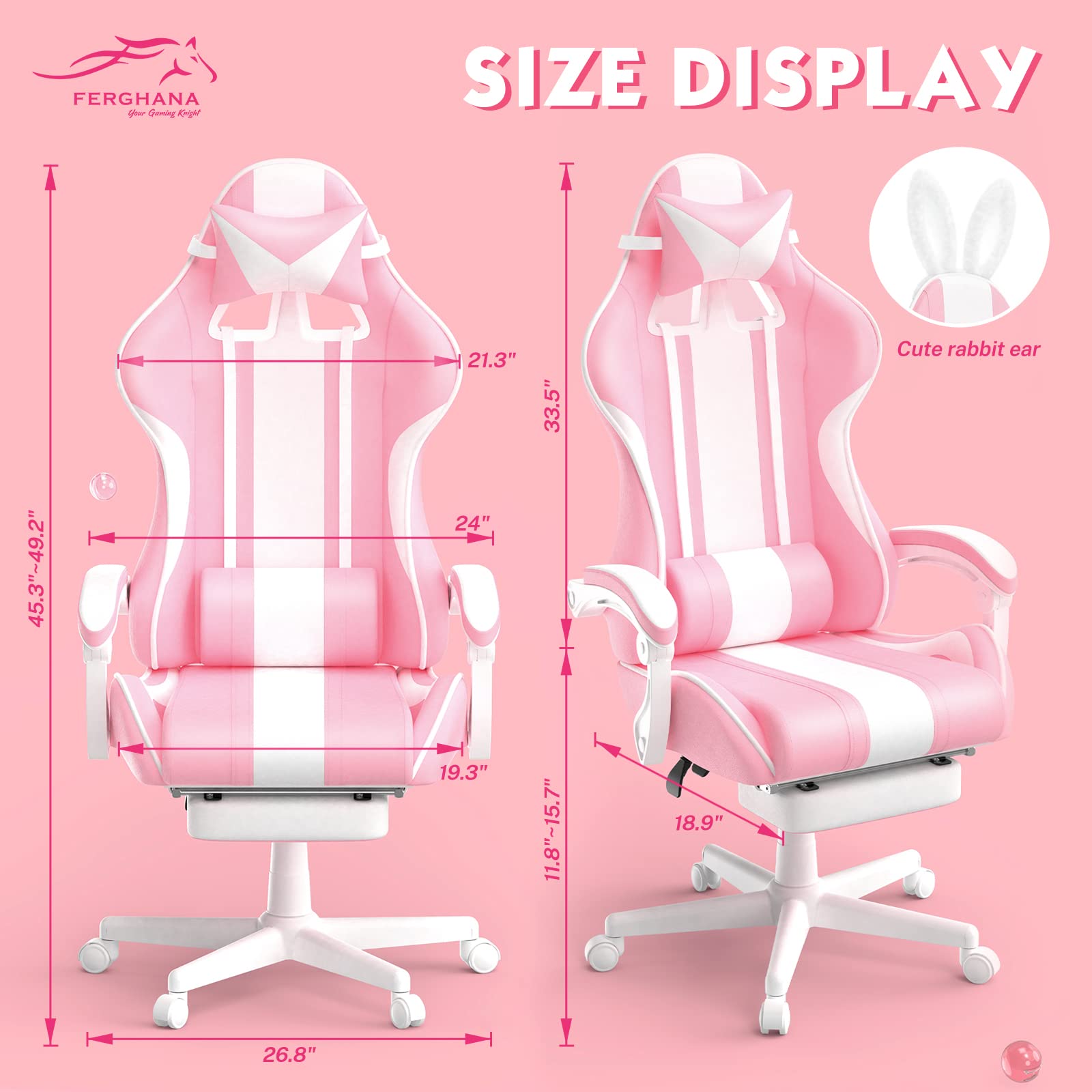 Ferghana Sedia Gaming Ergonomica,Sedia da Gaming Massaggiante con Regolabile Poggiapiedi & Poggiatesta & Cuscino Lombare,PU Racing Poltrona da Gaming,Sedia Girevole Kawaii Sedia Gaming，Rosa
