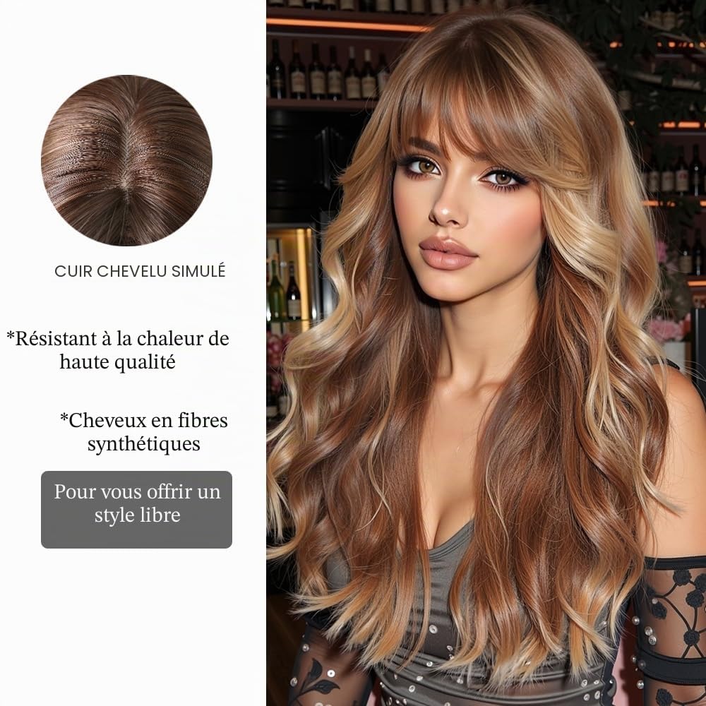 Perruques Longues Ondulées Ombre Ginger pour Femmes avec Franges Cheveux Synthétiques Naturels Perruques Résistantes à La Chaleur pour La Fête Quotidienne Cosplay Wear