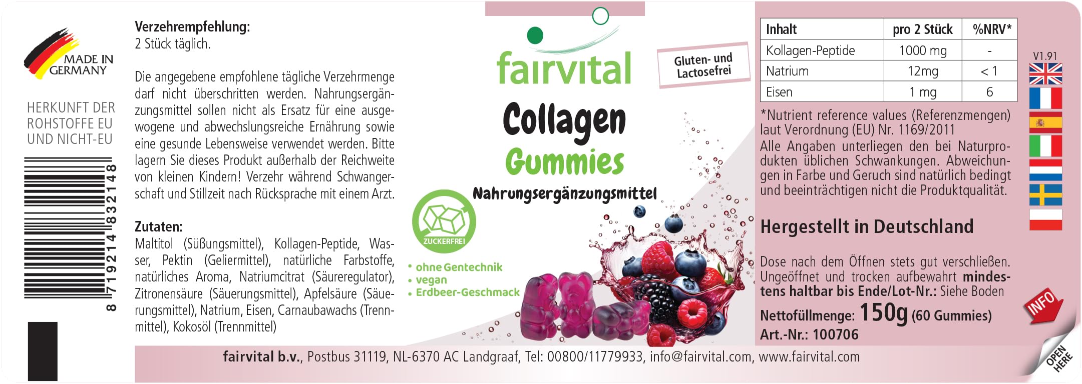 Fairvital | Żelki kolagenowe – 60 sztuk – 1000mg w dziennej dawce – z sodem i żelazem – wysoka dawka – bez cukru – sprawdzona jakość i wysoka dawka – wyprodukowane w Niemczech